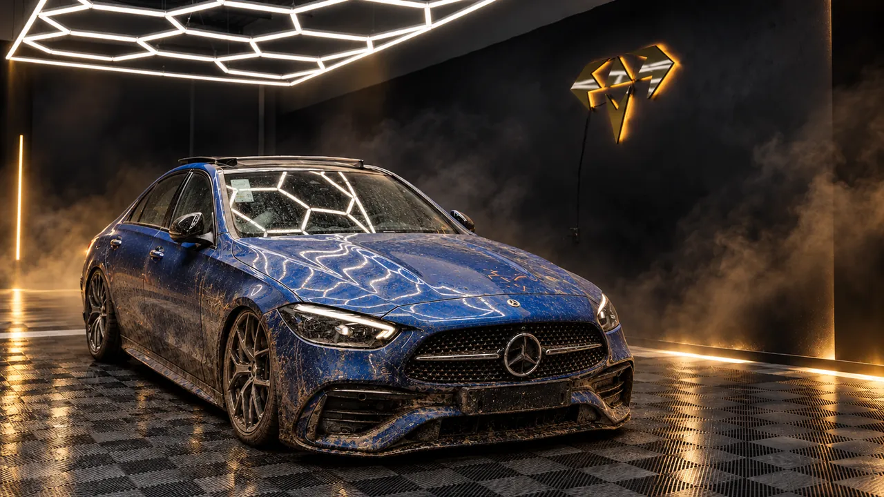Mercedes azul no estúdio Black Diamond