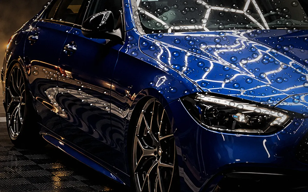 Gotas de água bem formadas sobre a pintura azul brilhante de uma Mercedes