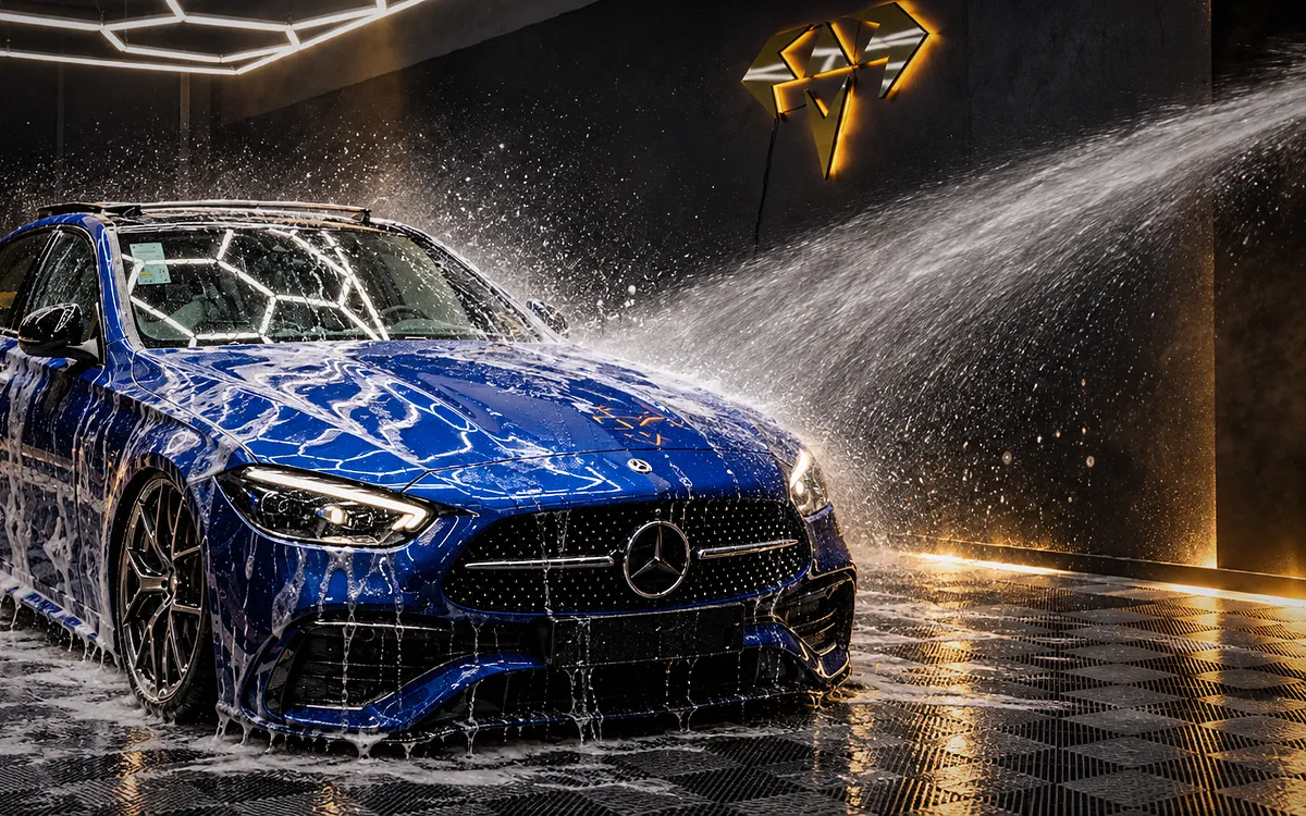 Mercedes azul recebendo enxágue com jato de água no estúdio